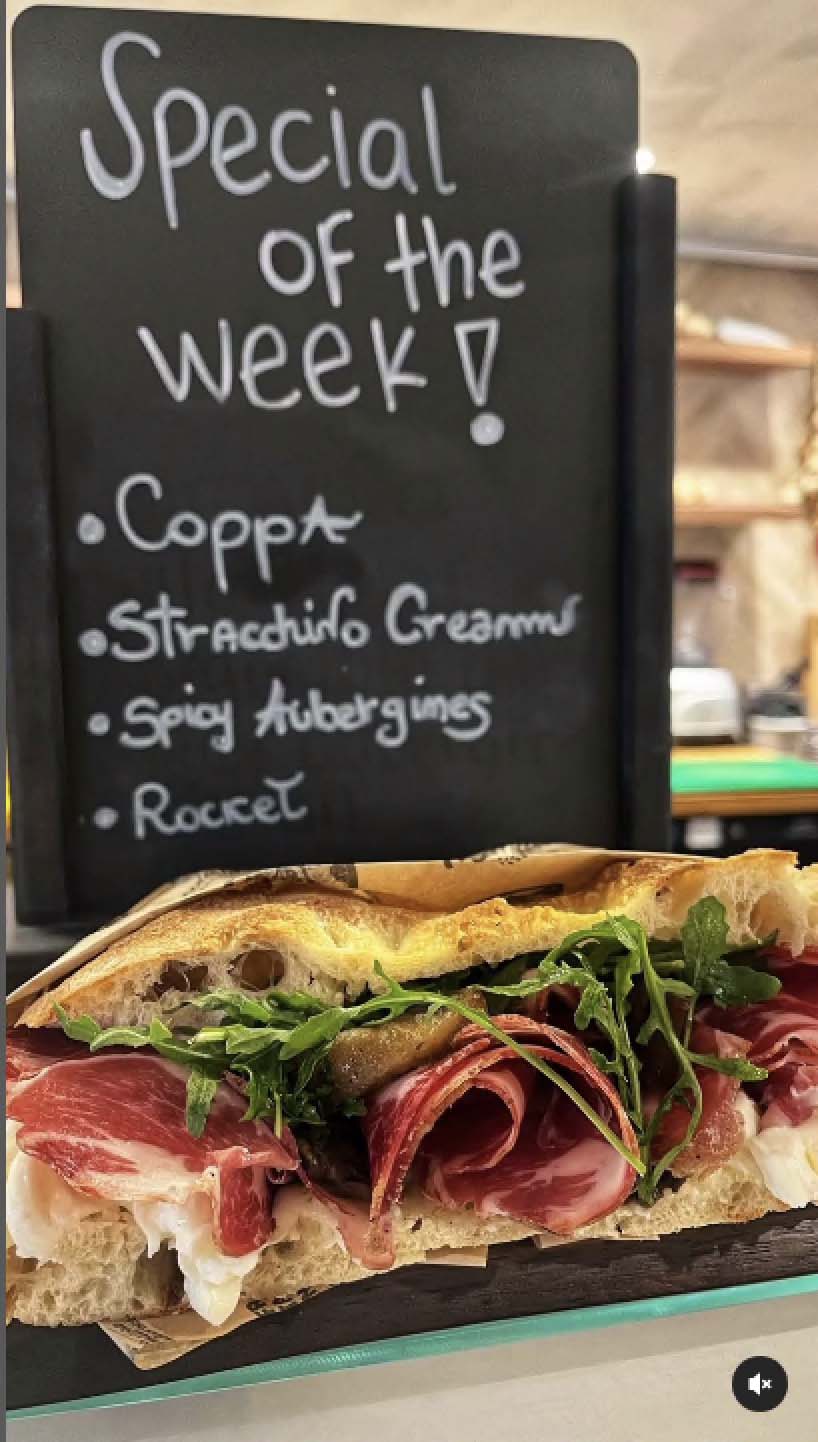 Italian sandwich special of the week: Coppa, stracchino cream, spicy aubergines, and rocket.