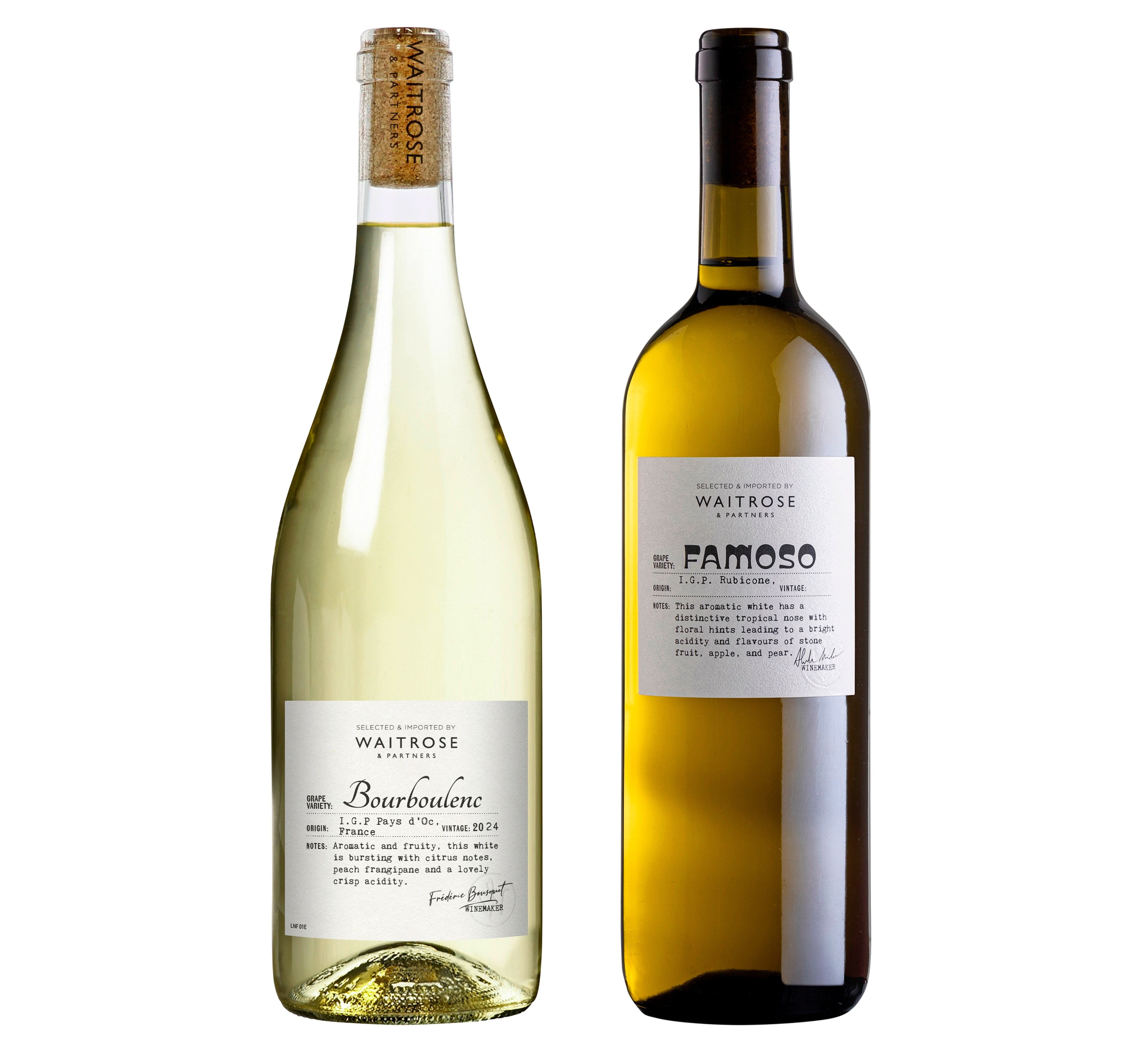 Two bottles of Waitrose white wine.