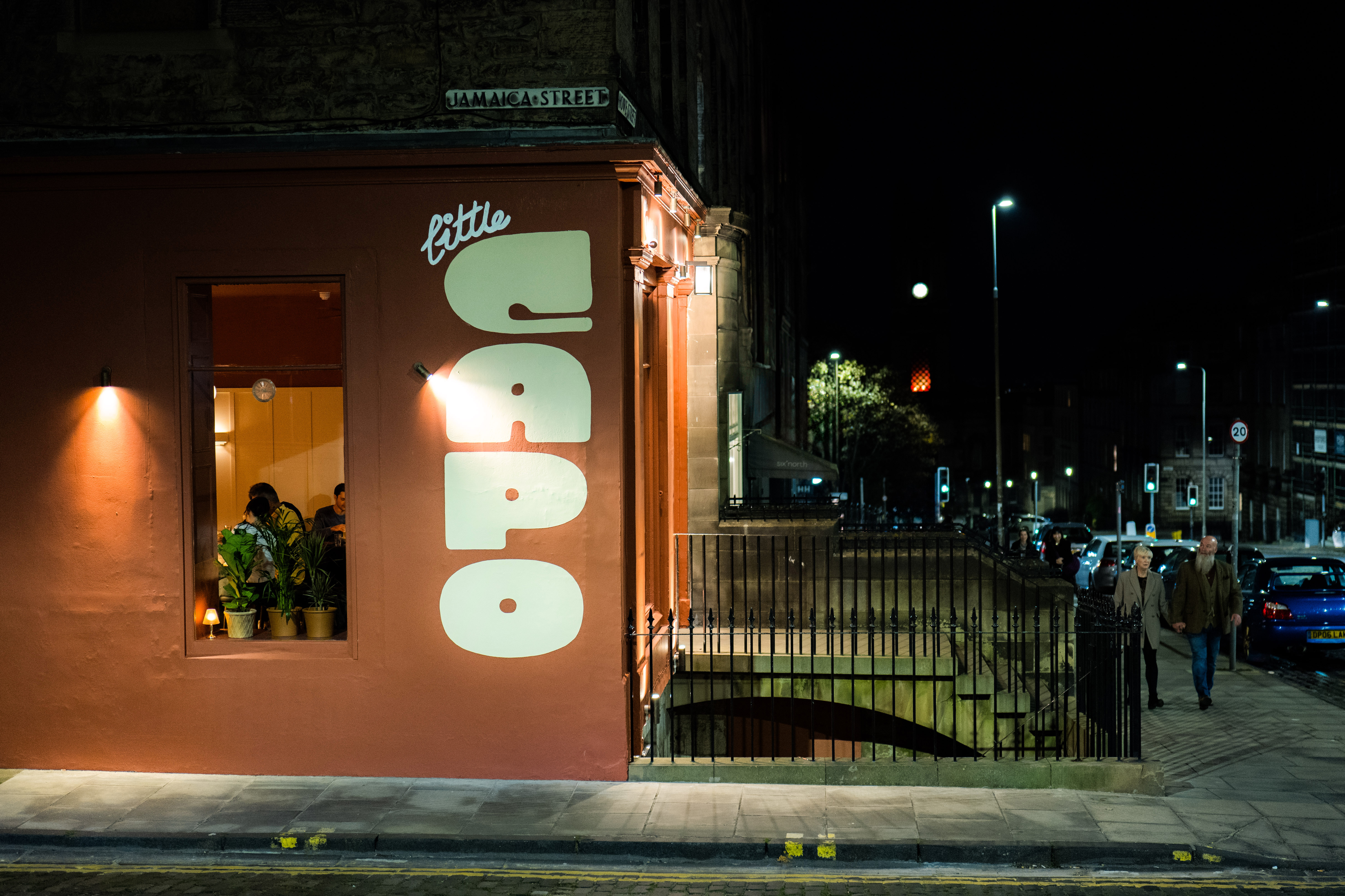 Little Capo restaurant in Edinburgh at night.