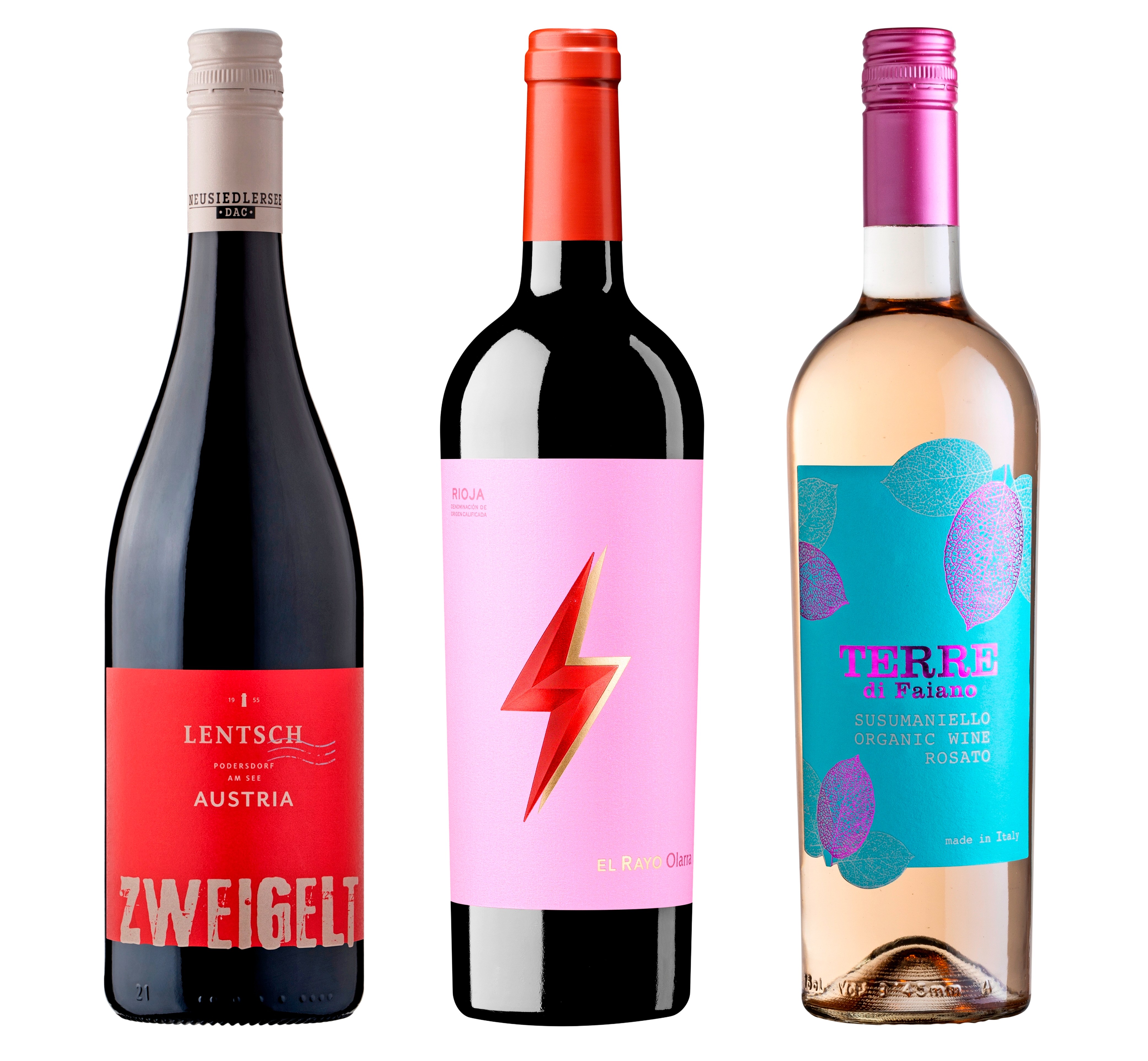 Three wine bottles.